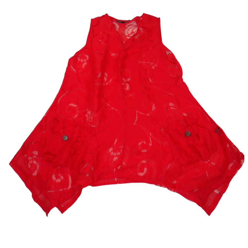 VTG Mirror Image Red Floral Burnout Sleeveless Tunic‎ Sharkbite Hem Top Women M